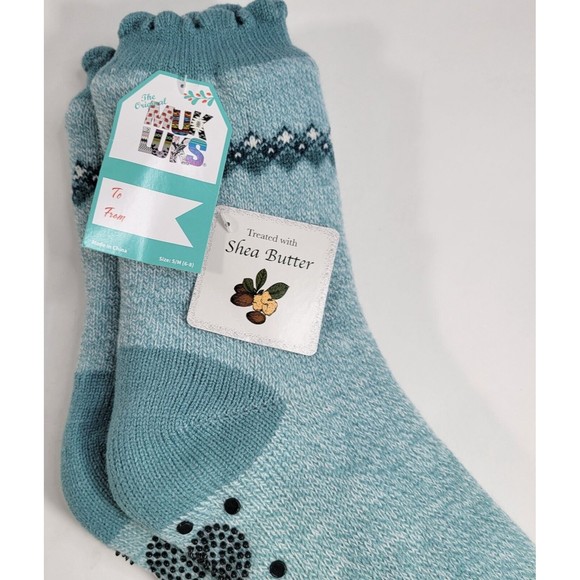 Muk Luks Teal Blue Shea Butter Faux Shearling Cabin Slipper Socks S/M 6-8 NEW - Picture 2 of 5